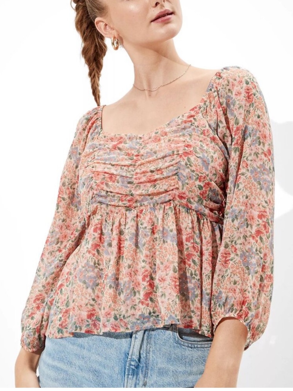 American Eagle Outfitters Chiffon Ruched Babydoll Top - L